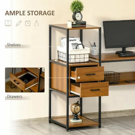 HOMCOM Industrial Computer Desk w/ Storage, Home Writing Table, Walnut Brown