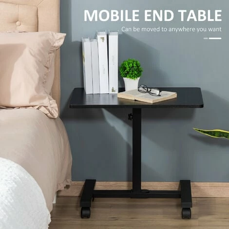 HOMCOM Mobile Laptop Table, End Table with Wheels Height Adjustable, Black