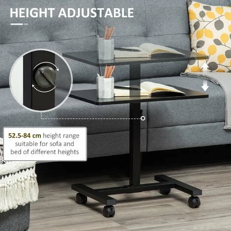 HOMCOM Mobile Laptop Table, End Table with Wheels Height Adjustable, Black