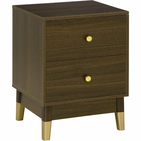 HOMCOM Modern Bedside Table Side Table Nightstand w/ 2 Drawers Brown Gold