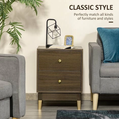 HOMCOM Modern Bedside Table Side Table Nightstand w/ 2 Drawers Brown Gold