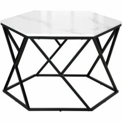 HOMCOM Coffee Table Cocktail Table With High Gloss Marble Top Steel Frame White