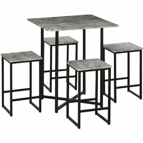 HOMCOM Concrete Effect Square Bar Table Set with Stools for 4 People Grey