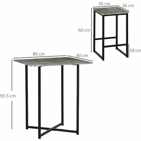 HOMCOM Concrete Effect Square Bar Table Set with Stools for 4 People Grey