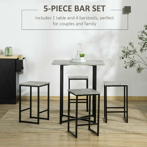 HOMCOM Concrete Effect Square Bar Table Set with Stools for 4 People Grey