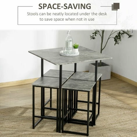 HOMCOM Concrete Effect Square Bar Table Set with Stools for 4 People Grey