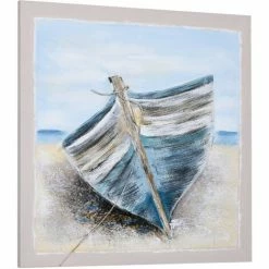 HOMCOM Hand-Painted Wall Art, Canvas Painting Artwork Beach Boat, 90 X 90 Cm