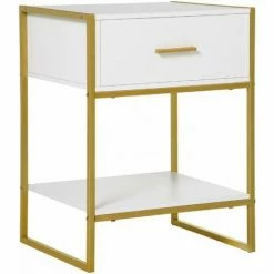 HOMCOM Modern Bedside Table Side Table Nightstand W/ Drawer Shelf White Gold