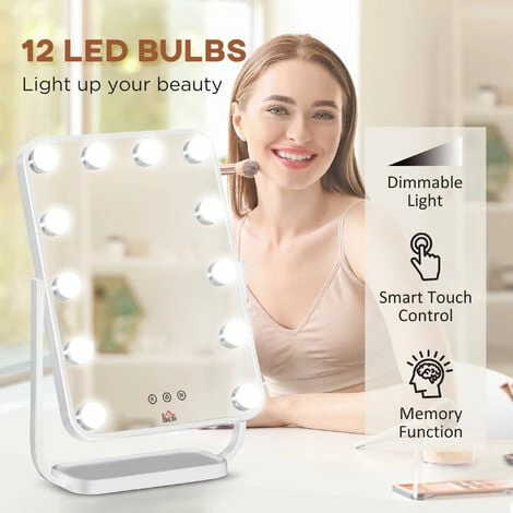 HOMCOM Hollywood Vanity Mirror with Dimmable LED Bulbs, Memory Function Bedroom