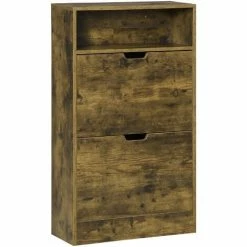 HOMCOM Rustic 2 Flip Door Shoe Cabinet With Adjustable Divider And Open Shelf