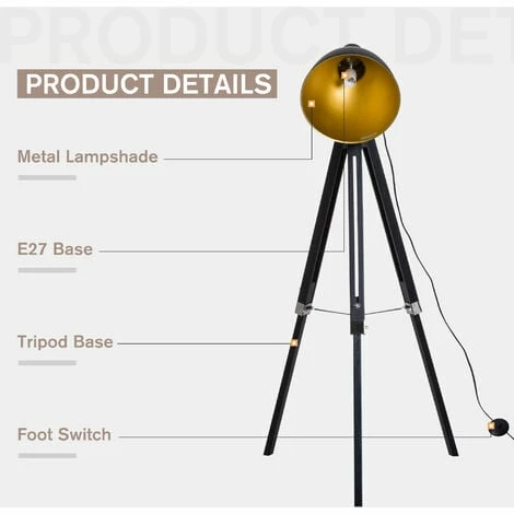 HOMCOM Stand Floor Lamp Tripod Light Livingroom Studio Dome Shade Retro Style
