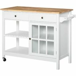 HOMCOM Kitchen Island On Wheels Utility Cart With Towel Rack, 2 Drawers, White