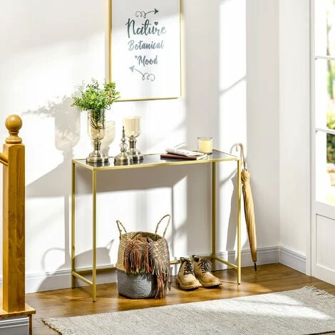 HOMCOM Modern Console Table Tempered Glass Top Sofa Table Steel Frame Black