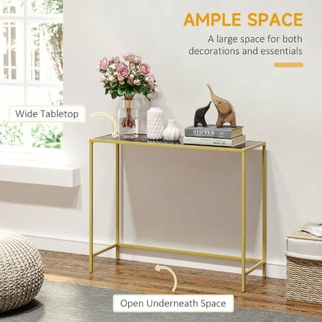 HOMCOM Modern Console Table Tempered Glass Top Sofa Table Steel Frame Black