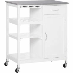 HOMCOM Kitchen Trolley Utility Cart W/ Wheel Wine Rack Open Shelf And Cabinet