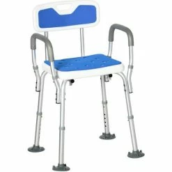 HOMCOM EVA Padded Shower Stool With Back And Arms 4 Suction Foot Pads Blue