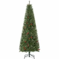 HOMCOM 6ft Artificial Christmas Tree Holiday With Pencil Shape, Berries