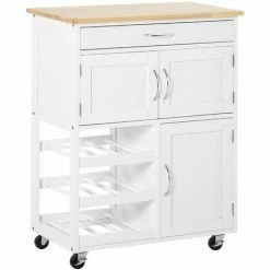 HOMCOM Rolling Kitchen Island Trolley Storage Cart With Rubberwood Top Wine Rack