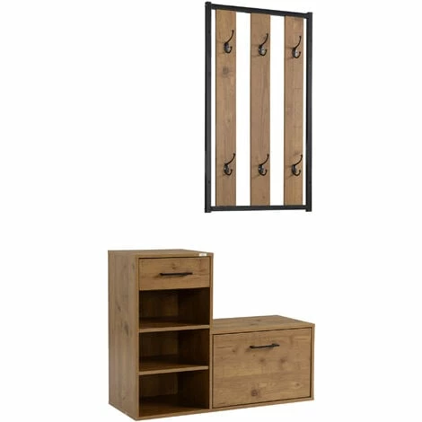 HOMCOM Coat Rack with Shoe Bench Set with 6 Hooks, Storage Drawer and Cabinet