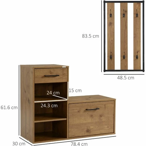 HOMCOM Coat Rack with Shoe Bench Set with 6 Hooks, Storage Drawer and Cabinet