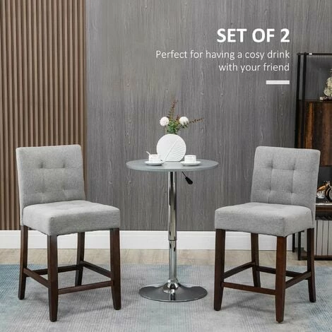 HOMCOM Modern Fabric Bar Stools Set of 2 Bar Chairs with Back Wood Legs Grey