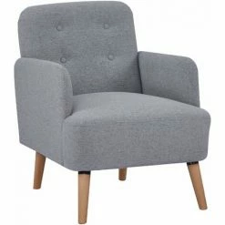 HOMCOM Upholstered Armchair, Nature Wood Frame Padded Living Room Chair, Grey