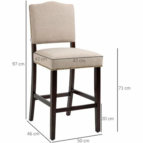 HOMCOM Modern Fabric Bar Stools Set of 2 Bar Chairs with Back Footrest Beige