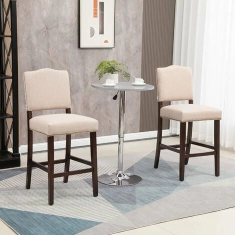 HOMCOM Modern Fabric Bar Stools Set of 2 Bar Chairs with Back Footrest Beige