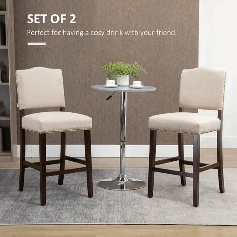 HOMCOM Modern Fabric Bar Stools Set of 2 Bar Chairs with Back Footrest Beige