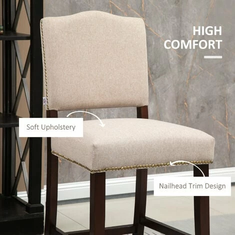 HOMCOM Modern Fabric Bar Stools Set of 2 Bar Chairs with Back Footrest Beige