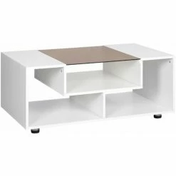 HOMCOM Modern Coffee Table With Tempered Glass Top, 3-Tier Storage, White