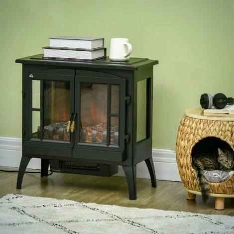 HOMCOM Freestanding Electric Fireplace Heater Stove Flame Effect, Black