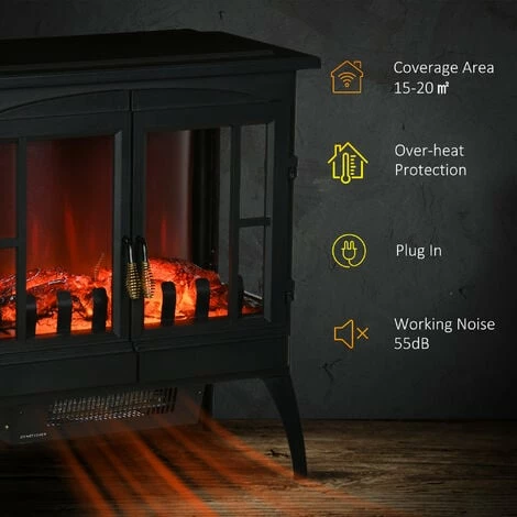 HOMCOM Freestanding Electric Fireplace Heater Stove Flame Effect, Black