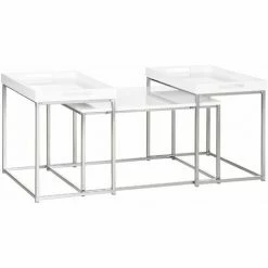 HOMCOM Coffee Table Set Of 3 W/ Steel Frame, High Gloss Nest Of Tables, White