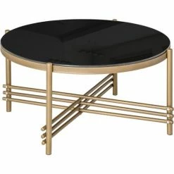 HOMCOM Round Coffee Table With Tempered Glass Top And Golden Metal Legs