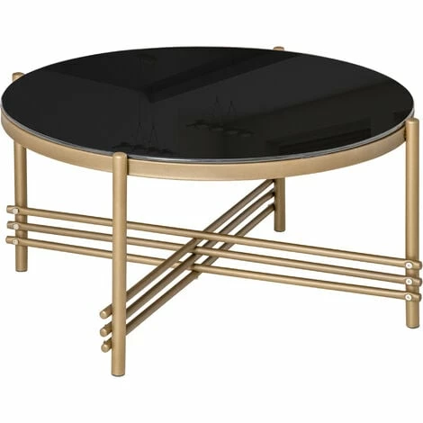 HOMCOM Round Coffee Table with Tempered Glass Top and Golden Metal Legs