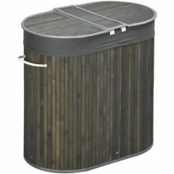 HOMCOM 100L Bamboo Laundry Basket W/ 2 Compartments Washing Baskets Grey