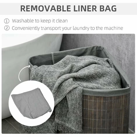 HOMCOM 55L Bamboo Corner Laundry Hamper Bamboo Laundry Basket 38x38x57cm Grey