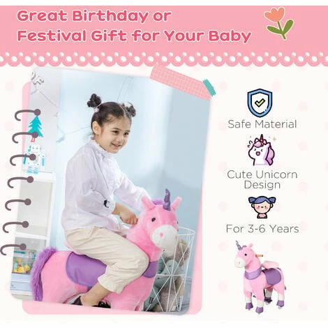 HOMCOM Ride-On Unicorn Walking Horse Mechanical Rocking Pony for 3-6 Years, Pink