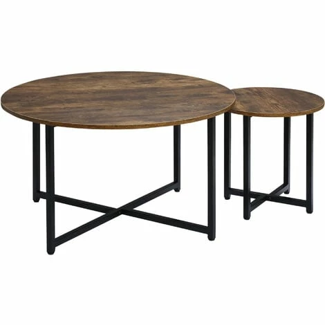 HOMCOM 2 Pcs Round Coffee Table with Metal Frame Side Accent Tables Brown