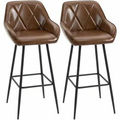 HOMCOM Bar Stools Set Of 2 Retro Bar Chairs W/ Backs Footrests Steel Legs Brown