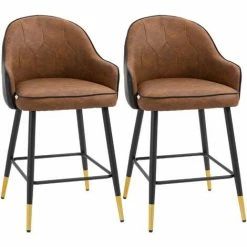 HOMCOM Modern Bar Stools Set Of 2, PU Leather Bar Chairs With Steel Legs, Brown