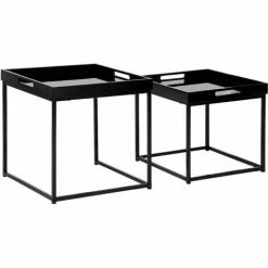 HOMCOM Coffee Table Set Of 2 High Gloss Nest Of Tables With Steel Frame, Black