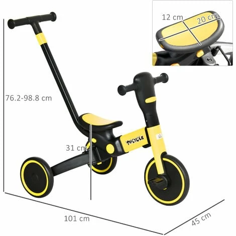 HOMCOM 4 in 1 Kids Trike with Parent Handle Balance Bike for 1.5-4 Years Yellow