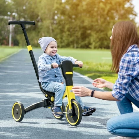 HOMCOM 4 in 1 Kids Trike with Parent Handle Balance Bike for 1.5-4 Years Yellow