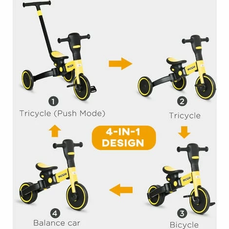 HOMCOM 4 in 1 Kids Trike with Parent Handle Balance Bike for 1.5-4 Years Yellow