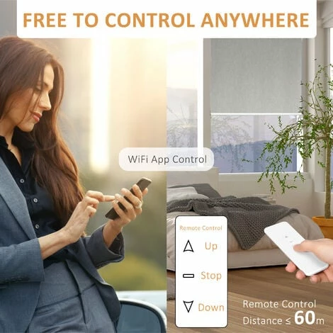 HOMCOM Electric Smart Roller Blinds for Windows with Remote, Grey, 90x180cm