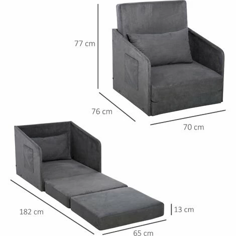 HOMCOM Single Sofa Bed Armchair Soft Floor Sleeper Lounger Futon Couch w/ Pillow