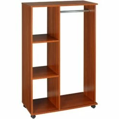 HOMCOM Rolling Open Wardrobe Hanging Rail Storage Shelves For Clothes, Walnut