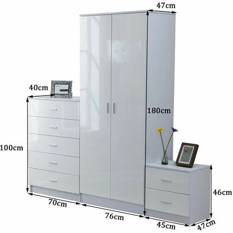 HOMCOM High Gloss 3 Trio Wardrobe Set Drawers Bedroom Furniture Chest Bedside